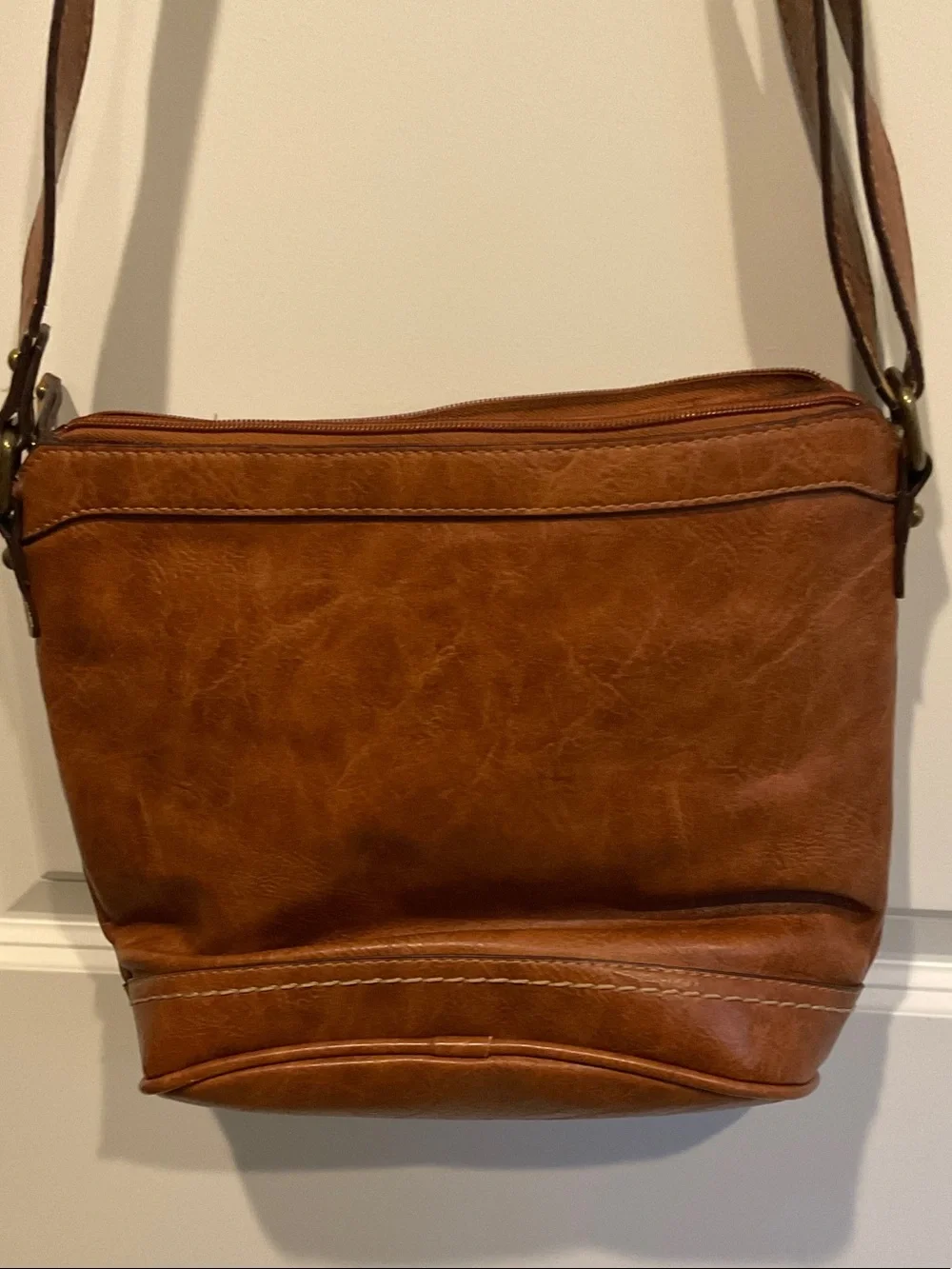 boc Tan Leather Messenger Bag with Front Zip Pocket